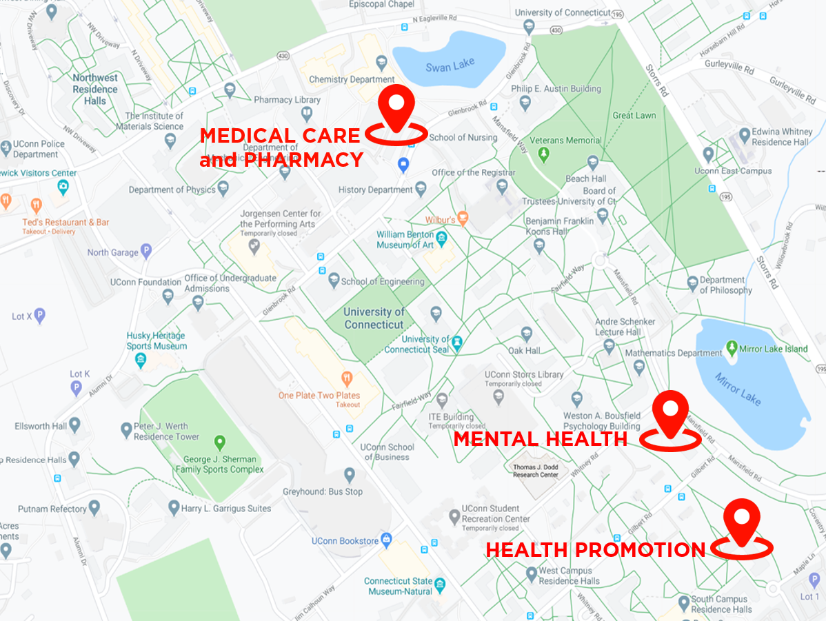Map of University of Connecticut campus with three highlighted locations: Medical Care and Pharmacy, Mental Health, and Health Promotion.