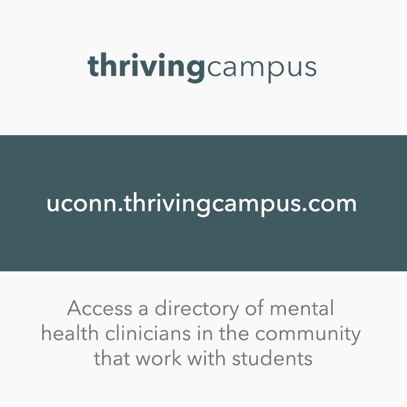 Graphic promoting ThrivingCampus, a directory for students to find local mental health clinicians who work with college populations.