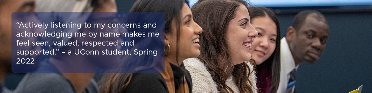 Students listen to a professor in a lecture hall, overlaid with a quote about active listening making students feel seen, valued.