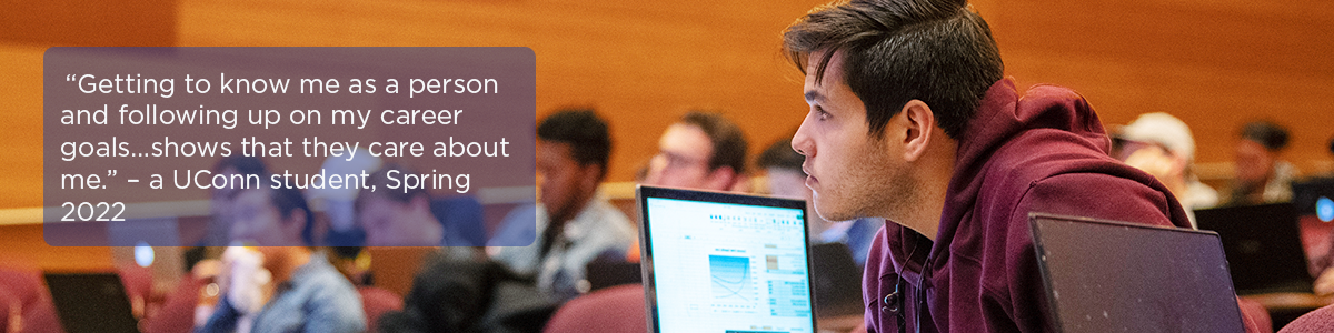 A student sits at a computer in a lecture hall, overlaid with a quote about how follow-up on career goals shows genuine care