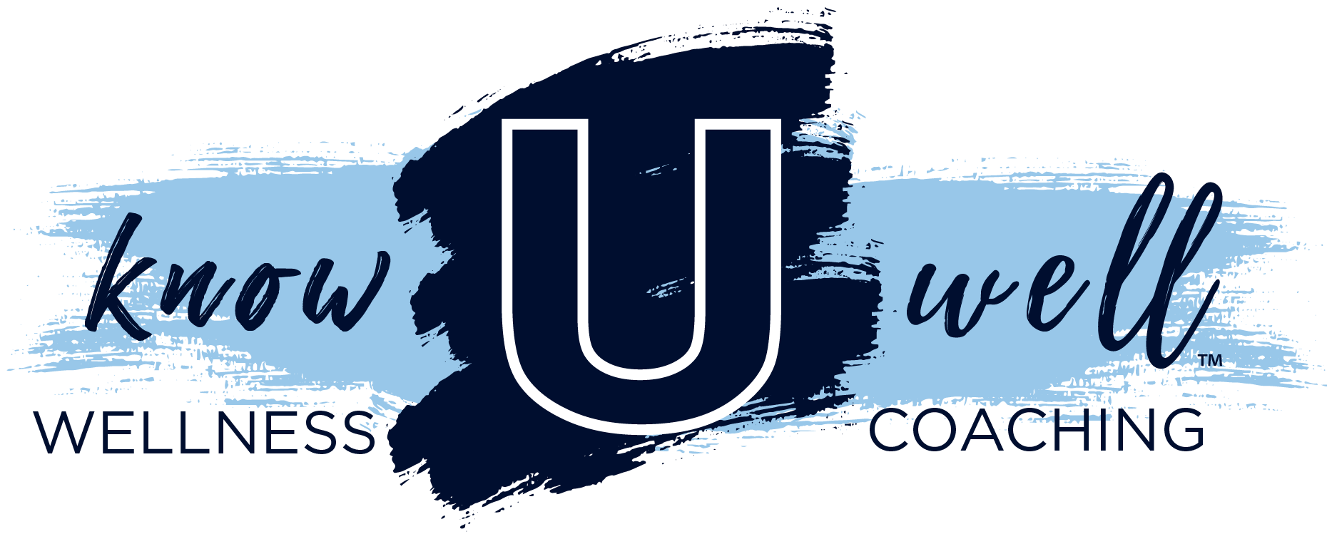 A logo for "Know U Well Wellness Coaching" featuring the words "know" and "well" with a large "U" in the center, styled with blue brush strokes behind the text.