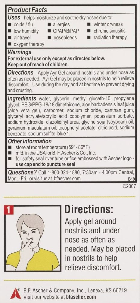 Saline nasal gel packaging panel with product facts, directions, ingredients, and illustrated usage instructions.