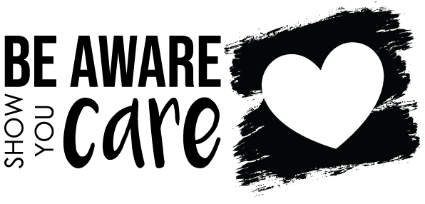 Graphic reading “Be Aware Show You Care” with a yellow paint brush stroke and a black heart, promoting suicideprevention.uconn.edu. The design emphasizes awareness and support for suicide prevention.