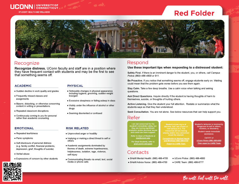 Red Folder guide showing how to recognize distress signs in students, how to respond with safety tips and active listening, when to refer for help, and contact information for mental health and campus safety resources.