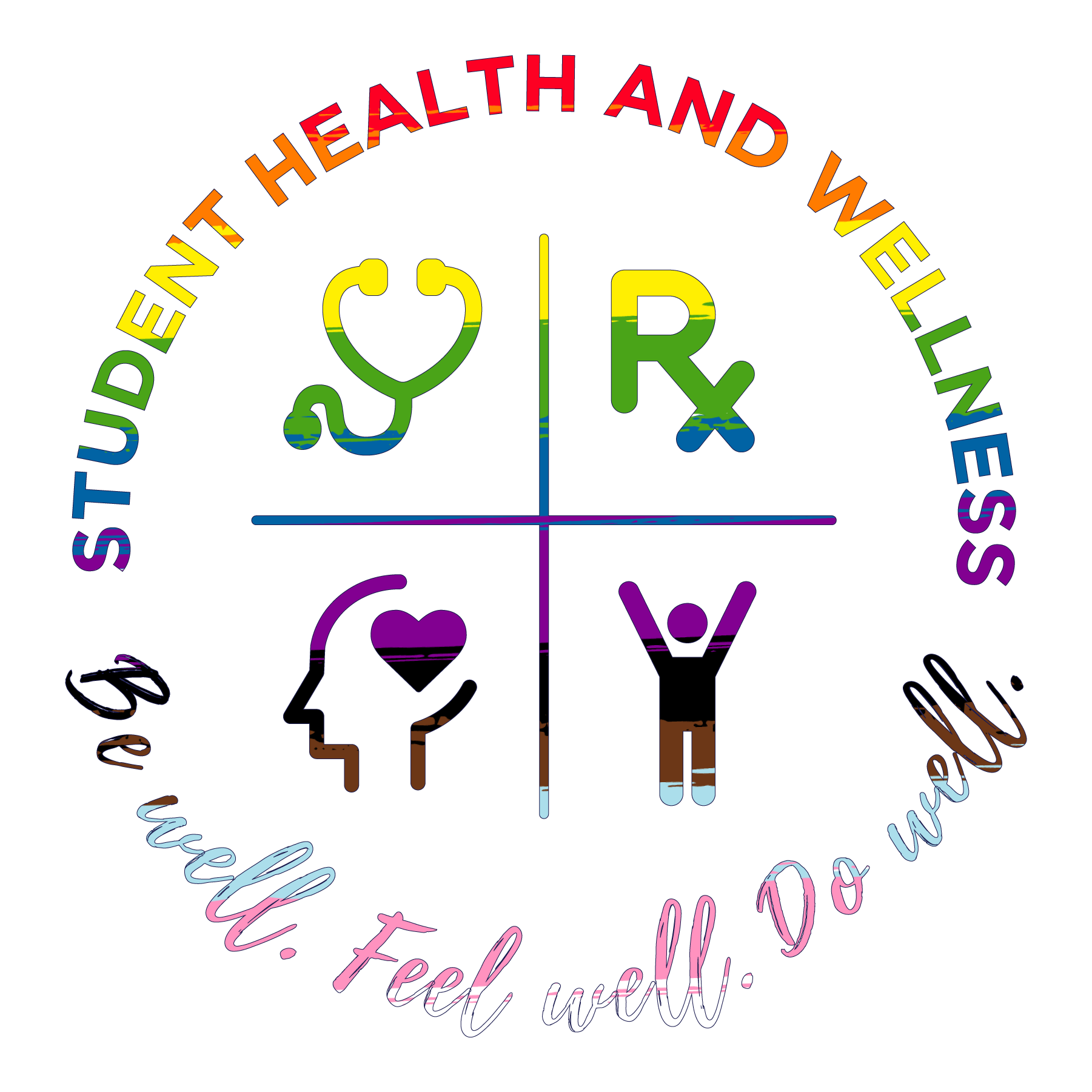 Student Health and Wellness logo with colored icons and text "Be well. Feel well. Do well." arranged in a circle