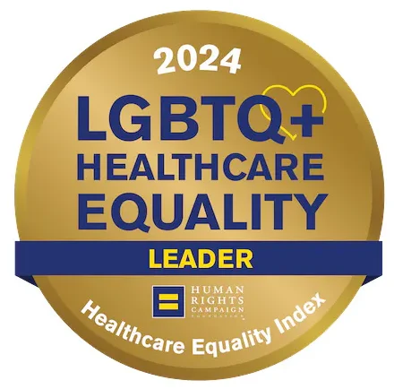 2024 LGBTQ+ Healthcare Equality Leader badge from Human Rights Campaign, gold circular emblem with blue and white text and Healthcare Equality Index mention.