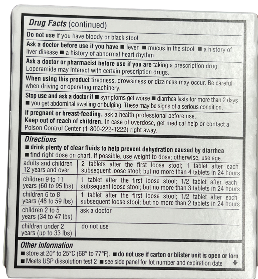 Anti-diarrheal medicine box with usage instructions and dosage guidelines on the back.
