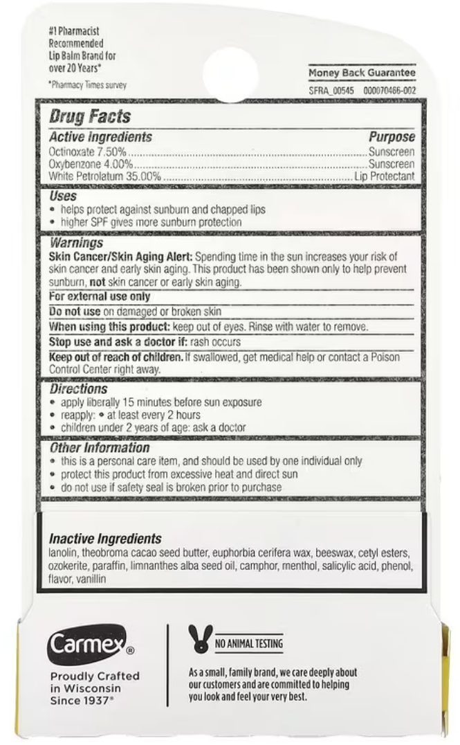 Carmex Lip Balm drug facts label listing active ingredients and usage warnings.
