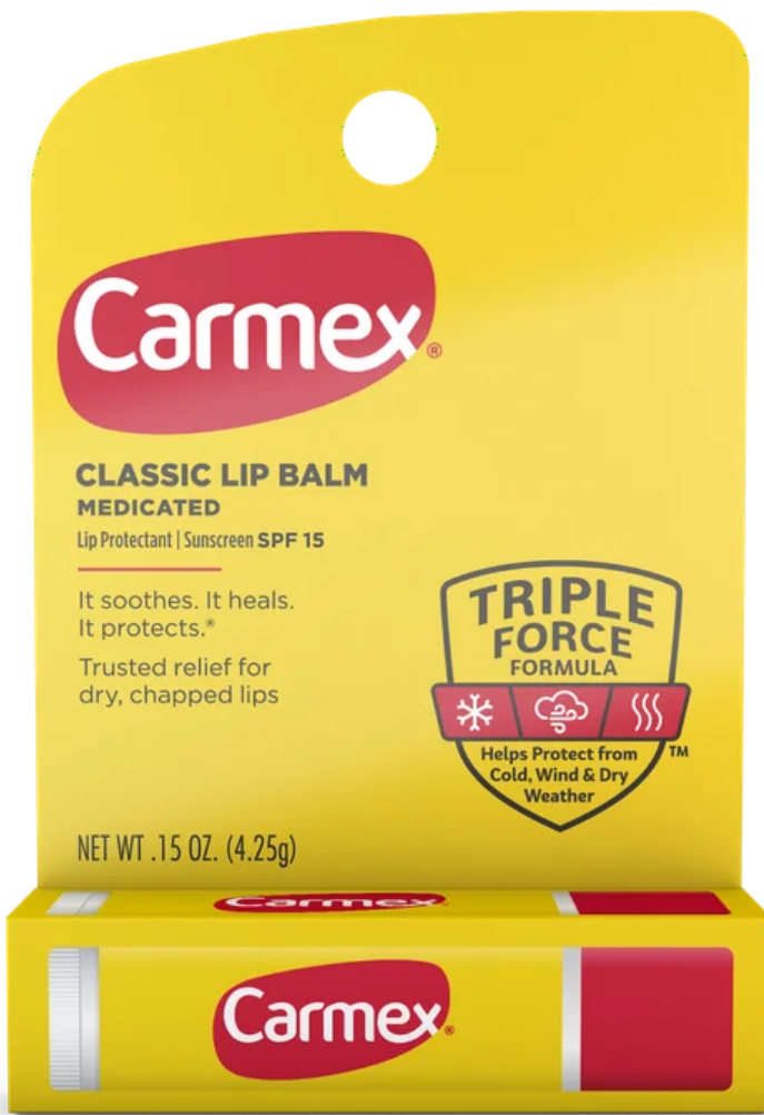 Carmex classic medicated lip balm package with SPF 15, triple force formula to protect from cold, wind, and dry weather.