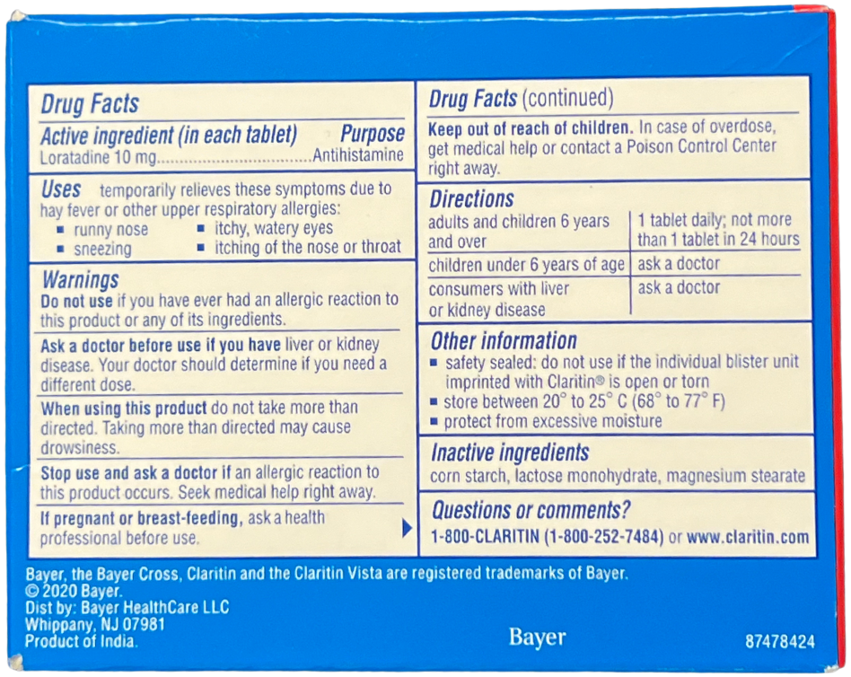 Claritin non-drowsy drug facts panel with active ingredients, uses, warnings, directions, and inactive ingredients.
