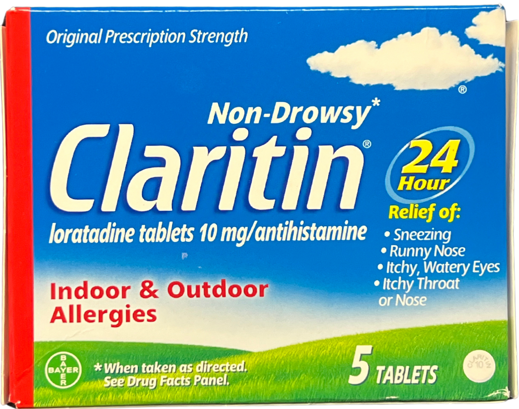 Claritin non-drowsy allergy relief box for indoor and outdoor allergies, containing loratadine tablets.