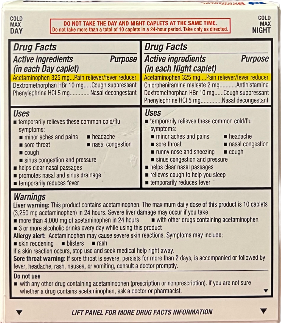 Cold Max medicine box back with drug facts for day and night caplets, including active ingredients, uses, and warnings.