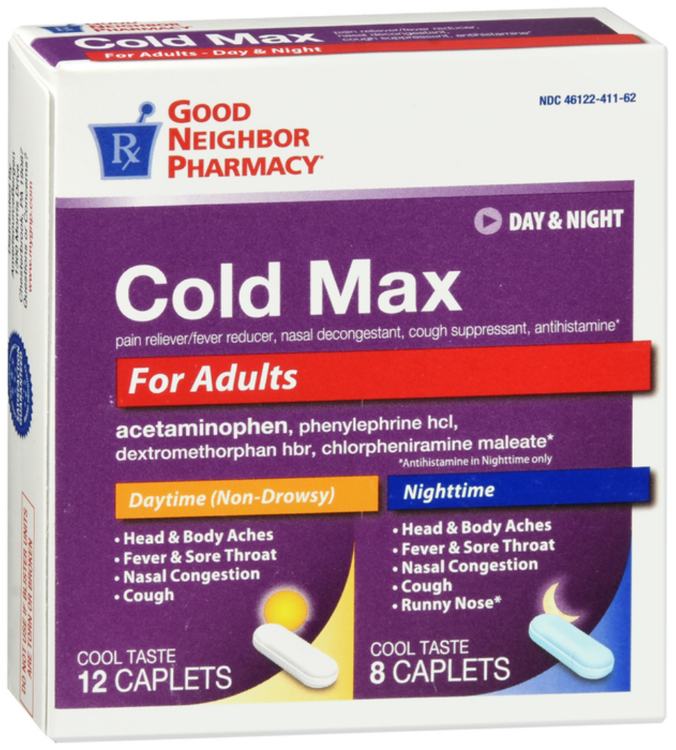 Cold Max medicine box for adults with pain reliever, fever reducer, nasal decongestant, cough suppressant, and antihistamine.