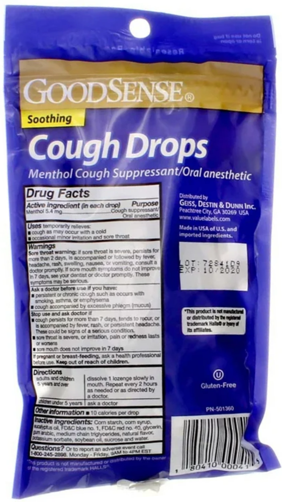 Back of GoodSense Menthol Cough Drops package with drug facts, warnings, directions, and ingredients.