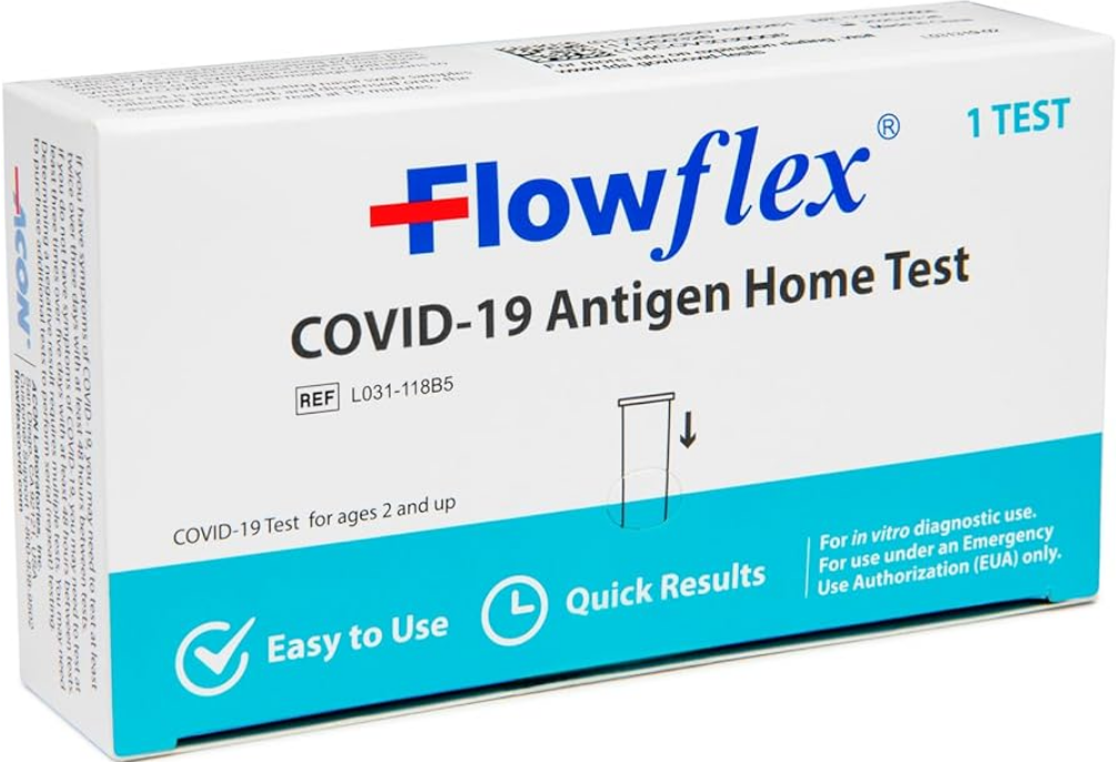 Box of Flowflex COVID-19 Antigen Home Test for ages 2 and up, highlighting easy use and quick results.