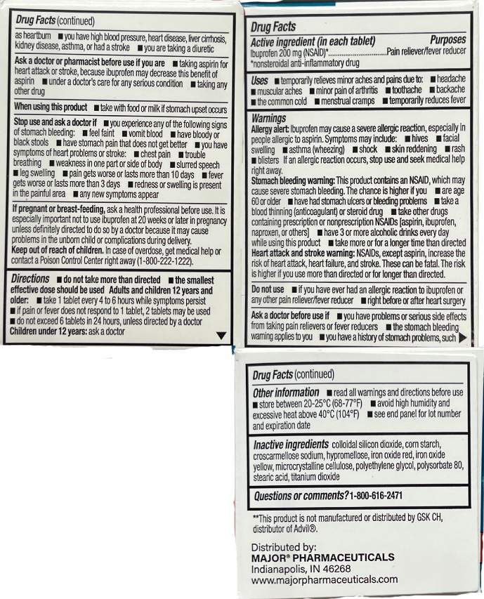 Ibuprofen 200 mg box drug facts on three panels with warnings, directions, ingredients, and manufacturer info.