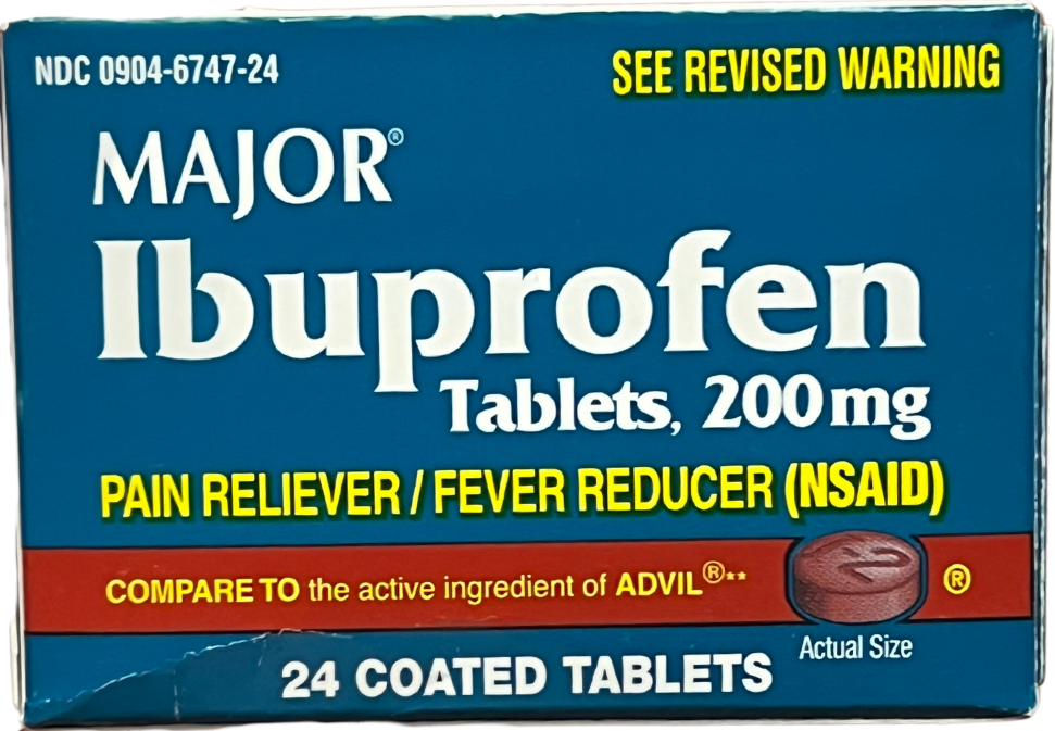 Front of Major Ibuprofen 200 mg box showing pain reliever and fever reducer tablets, comparing to Advil.