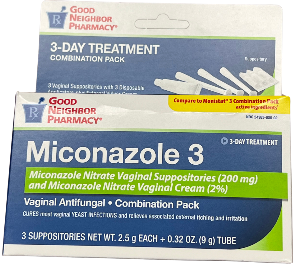 Front and back images of Good Neighbor Pharmacy Miconazole 3 combination pack. The front highlights vaginal antifungal suppositories and cream for treating yeast infections. The back lists drug facts, directions, warnings, inactive ingredients, and contact information.