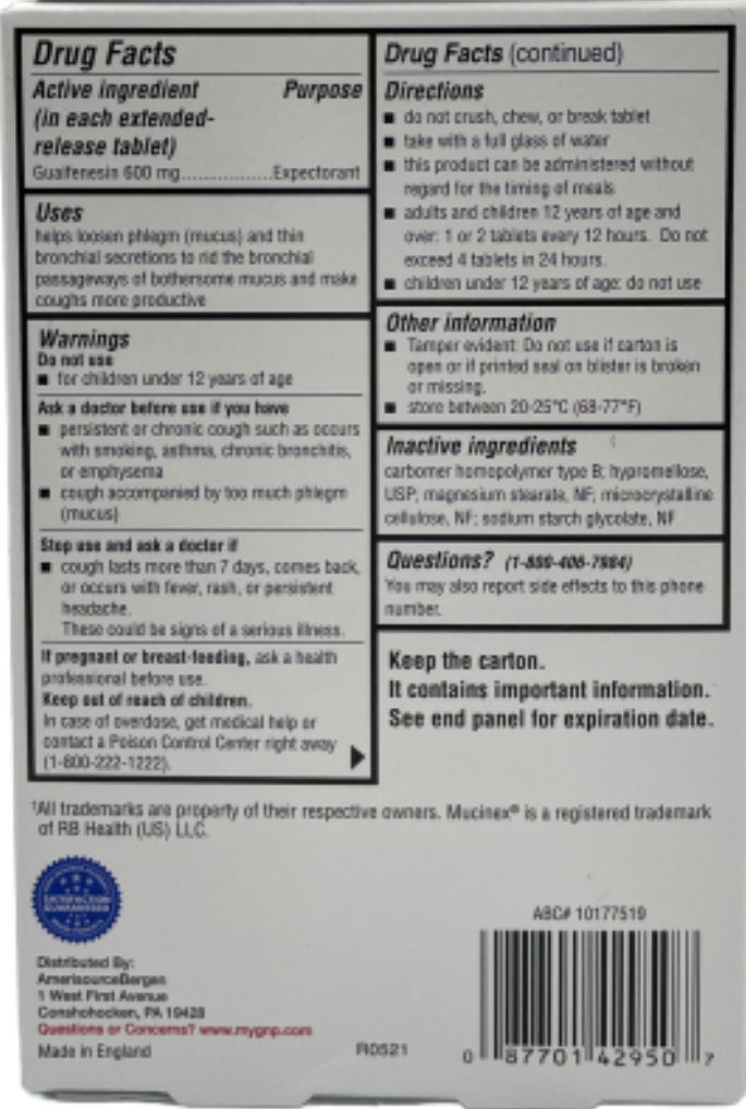 Back of Mucus ER box showing drug facts, directions, warnings, inactive ingredients, and barcode.