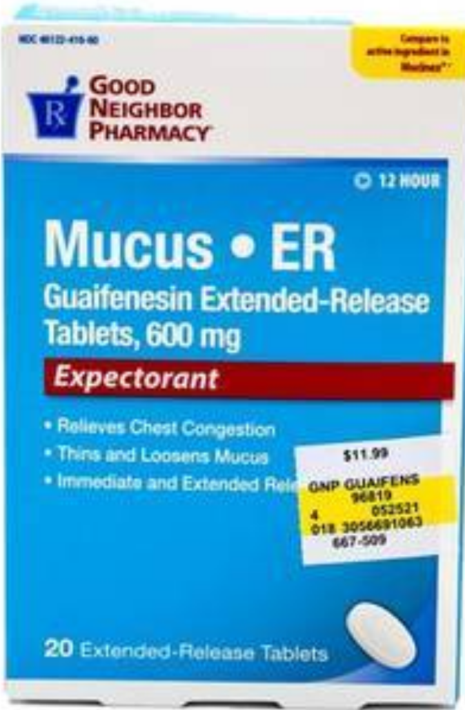 Box of Mucus ER 600 mg expectorant tablets for chest congestion relief, labeled with pricing and barcode.