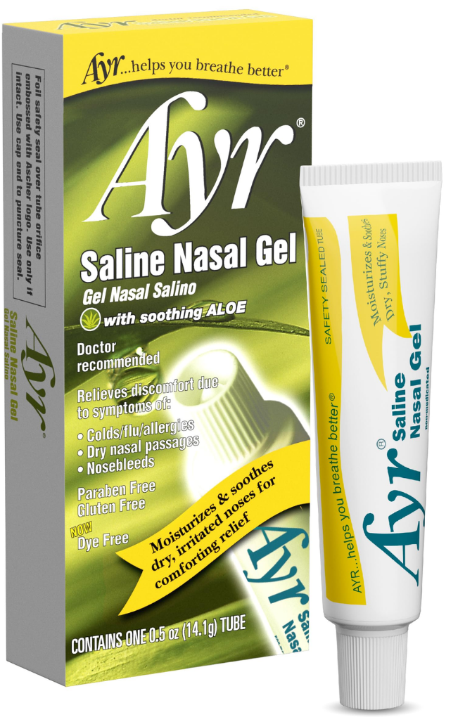 Ayr Saline Nasal Gel packaging with tube, highlighting relief for dry nasal passages, colds, allergies, and nosebleeds.