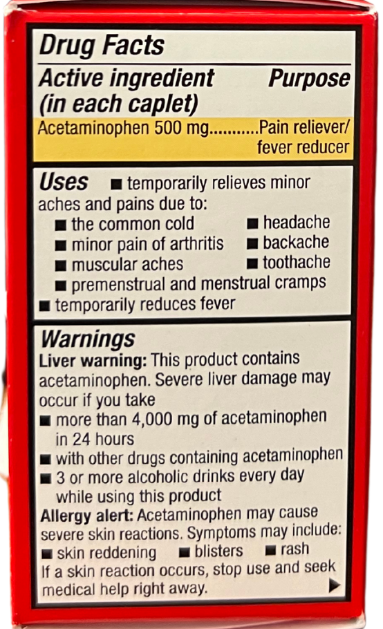 Acetaminophen extra strength drug facts including active ingredient, uses for temporary relief of minor aches and pains, and liver warnings.