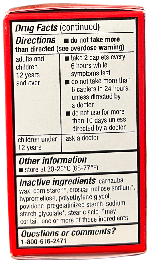 Acetaminophen extra strength box back with drug facts, directions, inactive ingredients, and contact number for questions.