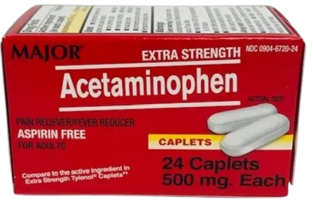 Acetaminophen extra strength box with product details, aspirin free pain reliever for adults, and image of two white caplets.