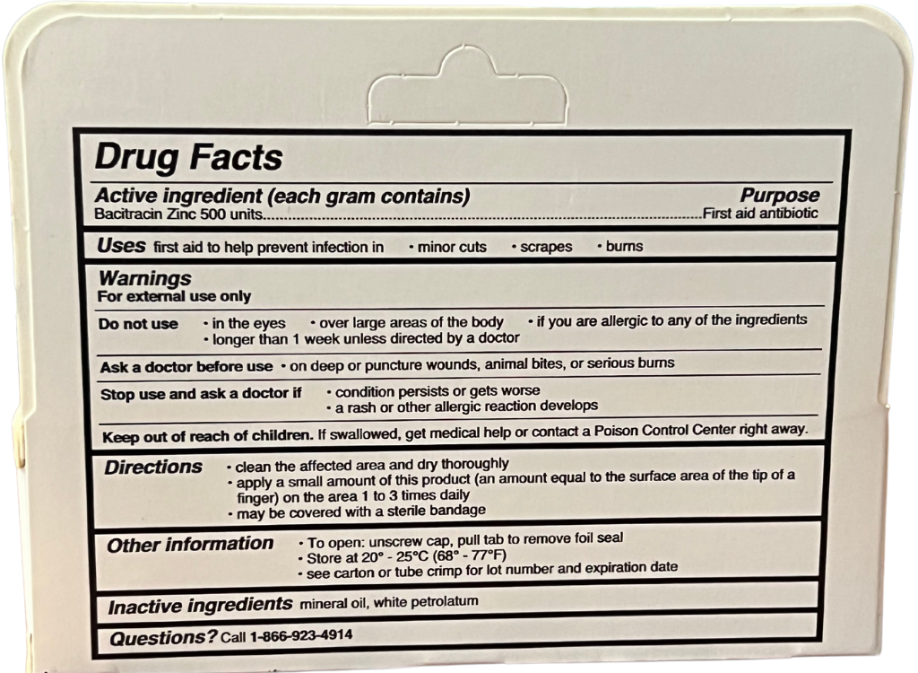 Bacitracin Zinc Ointment USP box back with drug facts and usage instructions.
