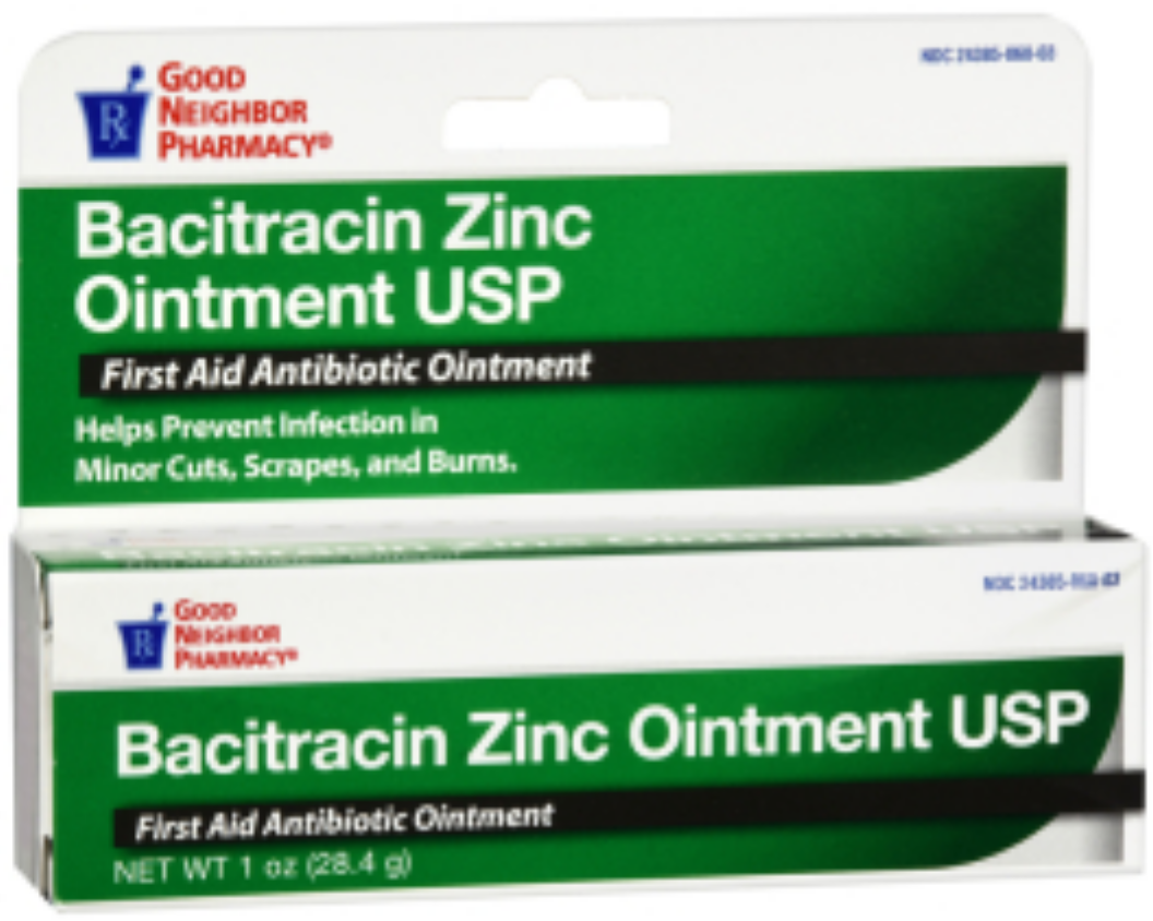 Bacitracin Zinc Ointment USP, First Aid Antibiotic Ointment box front and side views.