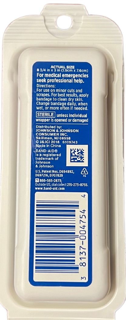Band-aid Flexible Fabric adhesive bandages package back view.