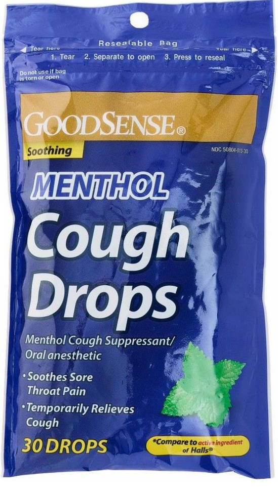 Package of GoodSense Menthol Cough Drops with 30 drops, soothing sore throat pain and temporarily relieving cough.