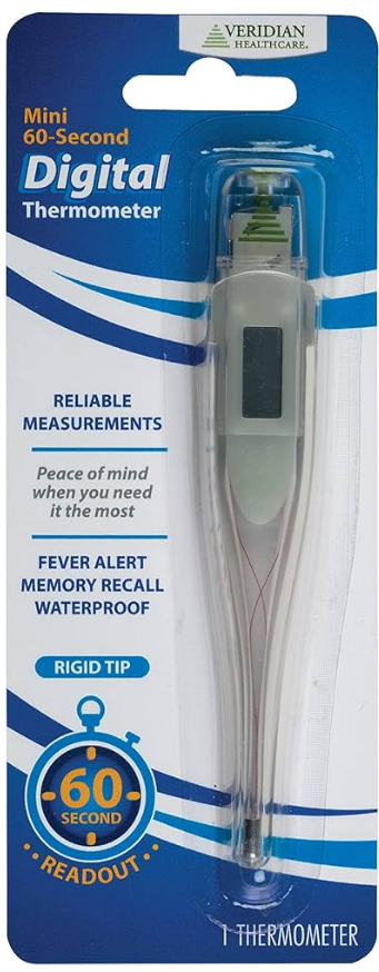 Back of a digital thermometer package showing features, contents, customer care info, and usage instructions.