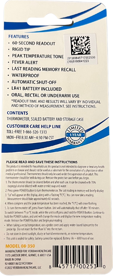 Back of a digital thermometer package showing features, contents, customer care info, and usage instructions.