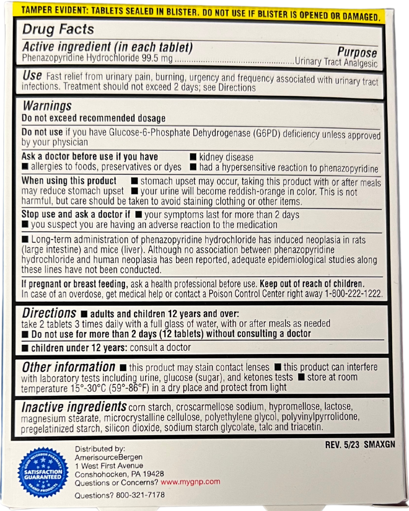 Back of UTI pain relief box showing drug facts, warnings, directions, and ingredient information.