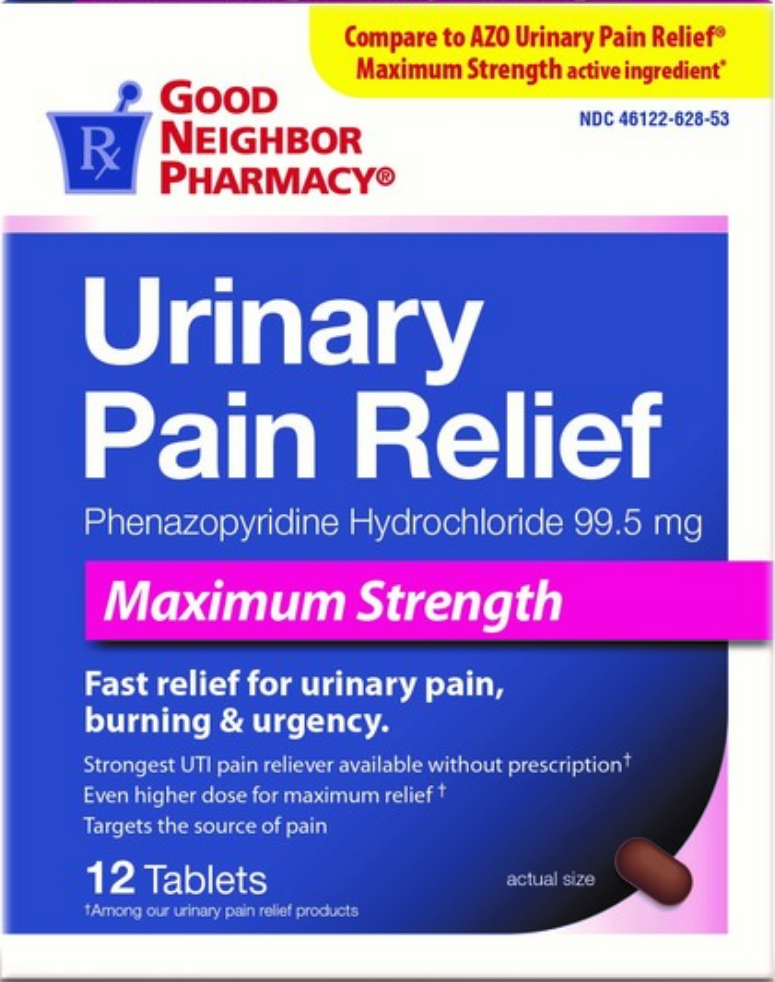 Front of urinary pain relief box with dosage, strength, and key symptom relief claims.