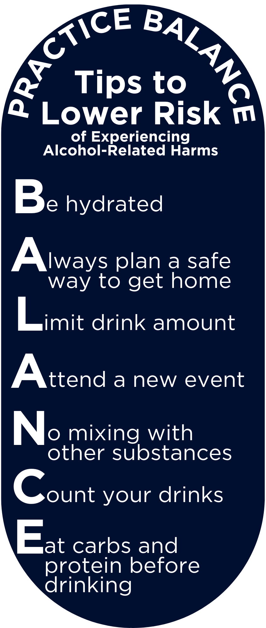 Infographic showing alcohol risk reduction tips using the acronym BALANCE on a dark blue background.