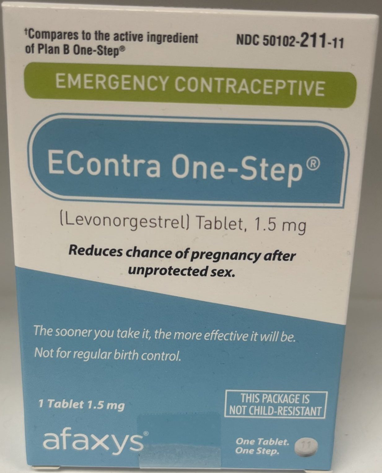 The front of an EContra One-Step emergency contraceptive package states it contains 1.5 mg of levonorgestrel to reduce the chance of pregnancy after unprotected sex.