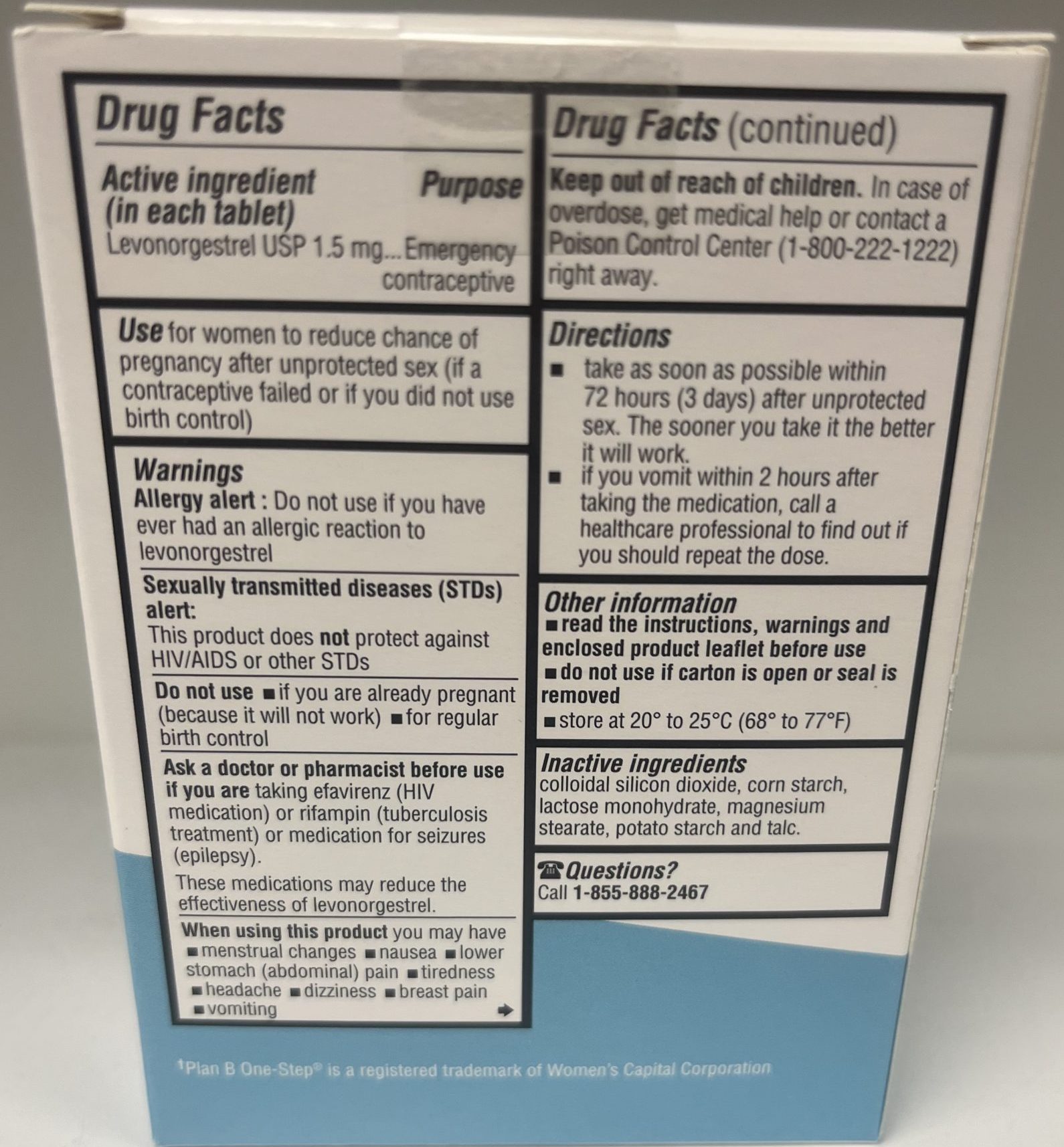The back of an Econtra One-Step emergency contraceptive package provides active ingredients, usage directions, warnings, and storage instructions.