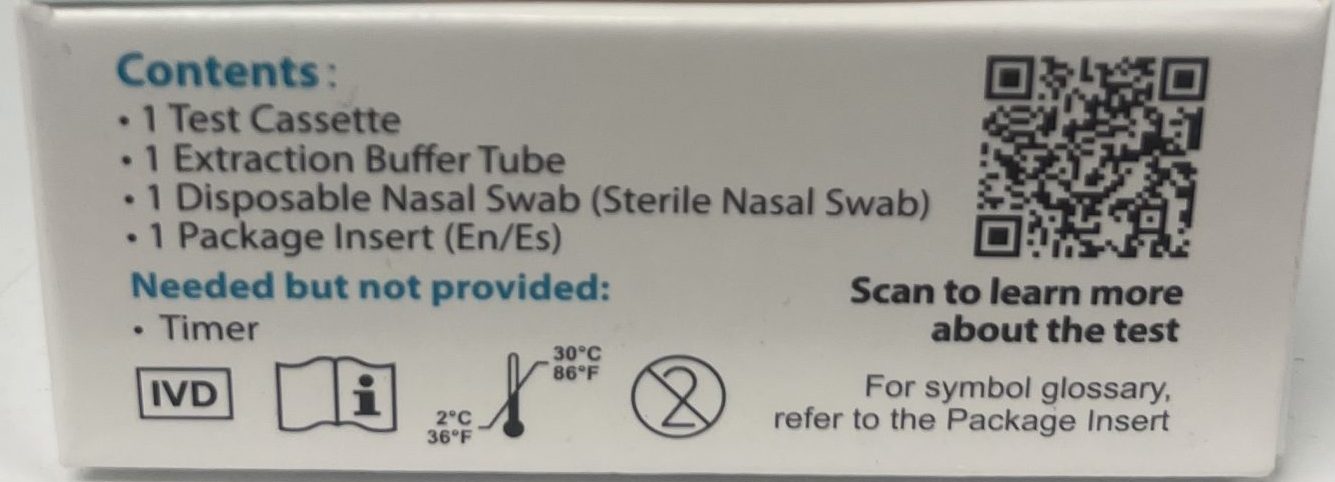 Side of a COVID-19 antigen home test box listing included items like test cassette and nasal swab, with a QR code for more information and storage temperature symbols.