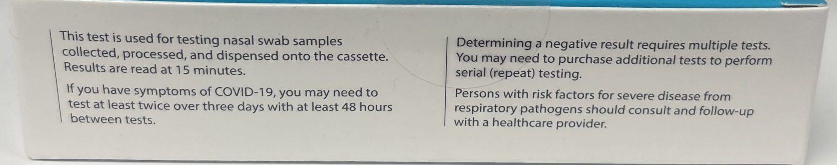Side of a COVID-19 antigen home test box with instructions on nasal swab use, timing between tests, and recommendations for follow-up if symptoms or risk factors are present.