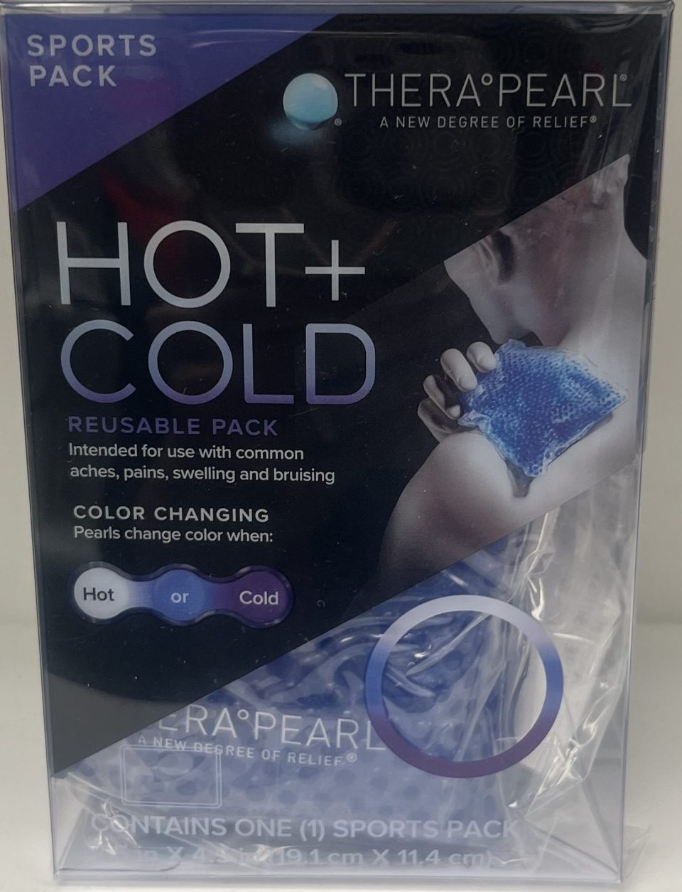 The front of a Thera°Pearl Hot + Cold Sports Pack highlights its reusable design for pain relief and color-changing feature based on temperature.