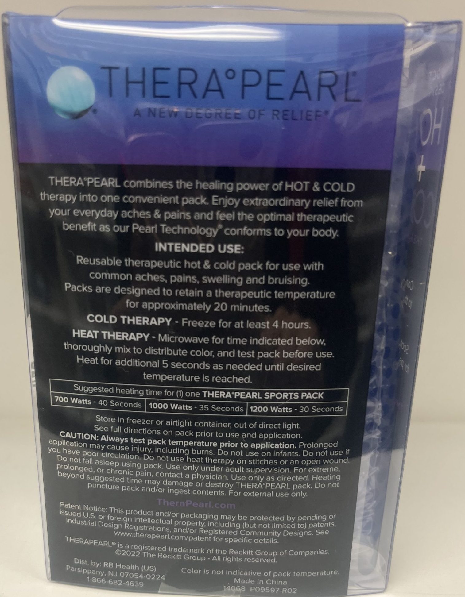 The back of a Thera°Pearl pack explains its use for hot and cold therapy, with instructions for heating, freezing, and safety precautions.