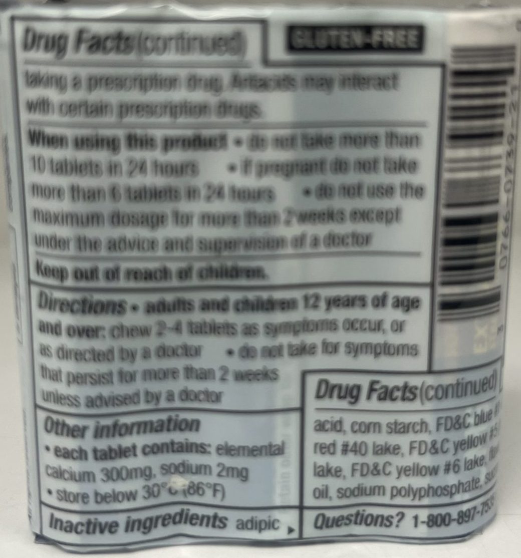 The back of a Tums package provides dosage directions, warnings, storage information, inactive ingredients, and a customer service number.
