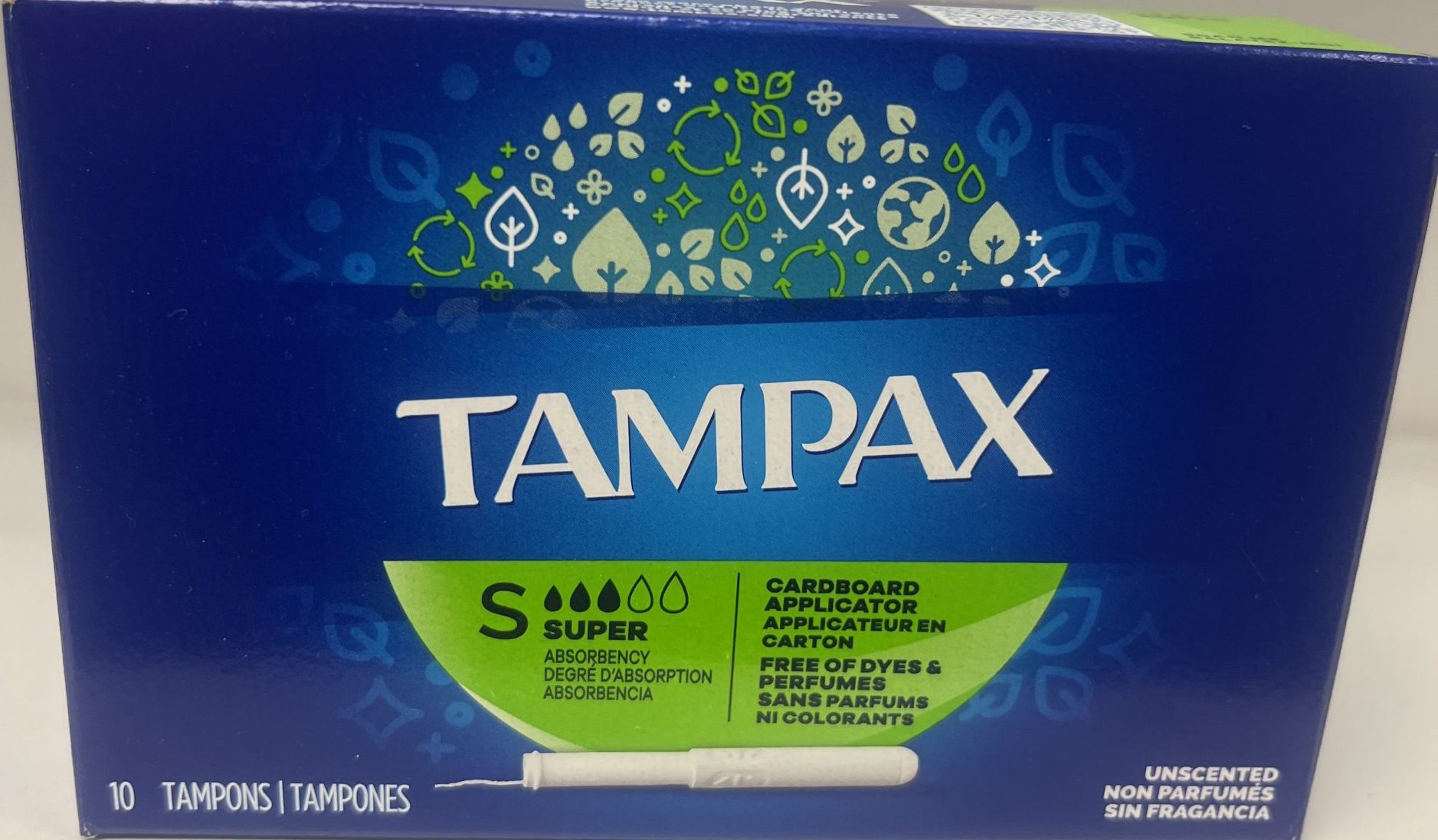 Front of a Tampax Super tampons box showing brand name, absorbency level, and claims like dye-free, perfume-free, and cardboard applicator.