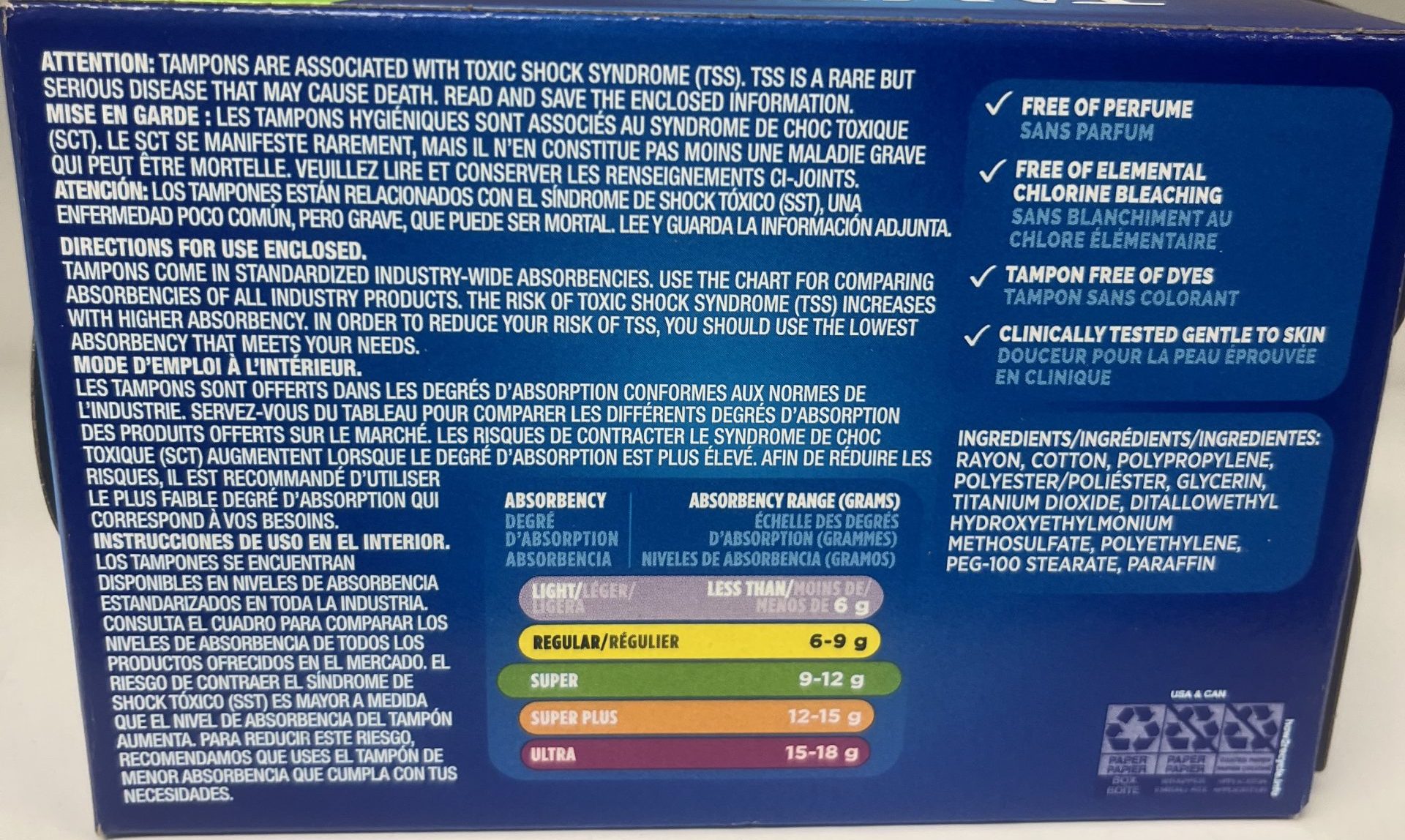 Back of a Tampax tampon box showing absorbency chart, ingredient list, TSS warning, and product claims like dye-free and gentle on skin.