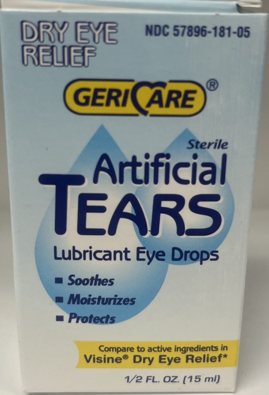 The front of a GeriCare Artificial Tears box highlights its use as a lubricant eye drop that soothes, moisturizes, and protects dry eyes.