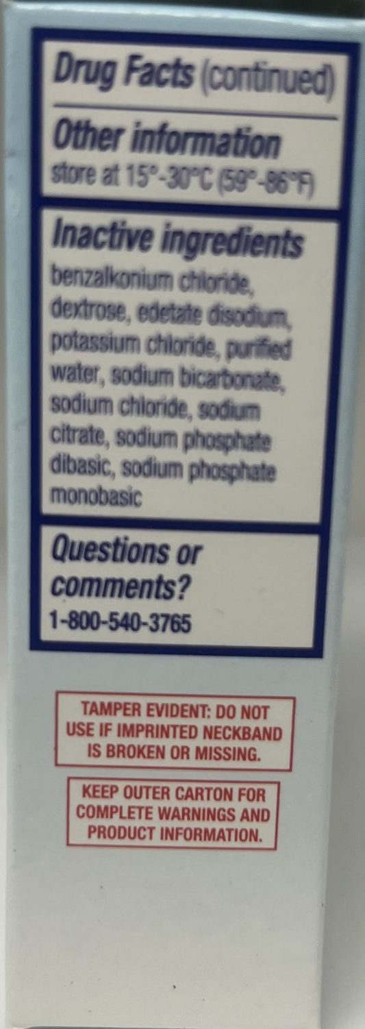 The side of an artificial tears package lists storage guidelines, inactive ingredients, and a customer service number.