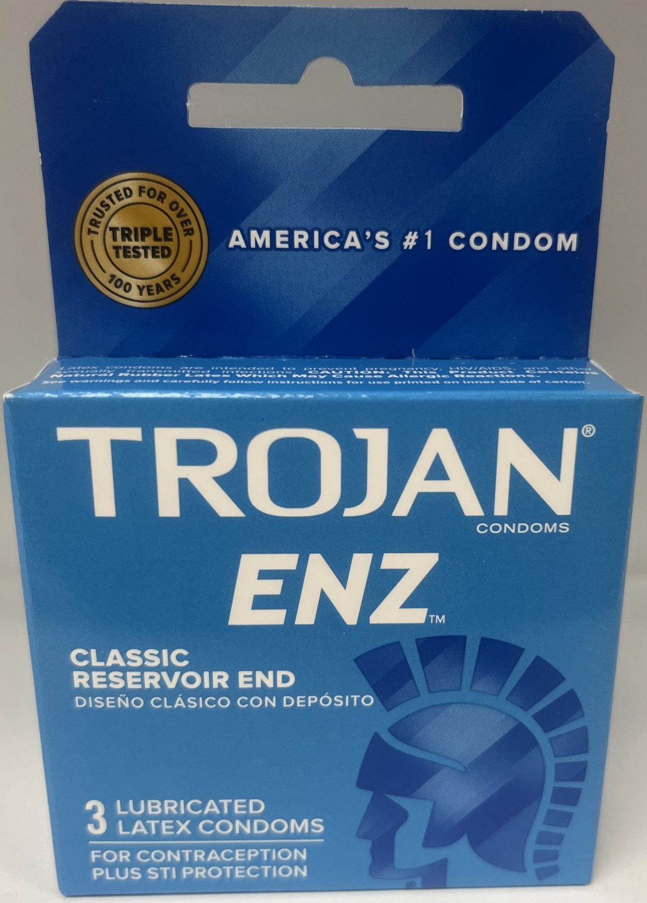 Front of Trojan ENZ condoms package displaying branding, product type, and key features including 3 lubricated latex condoms with STI and pregnancy protection.