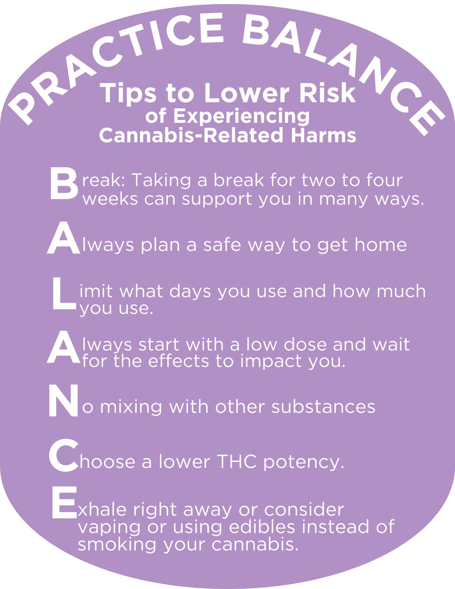 Infographic listing harm reduction tips for cannabis use using the acronym BALANCE on a purple background.